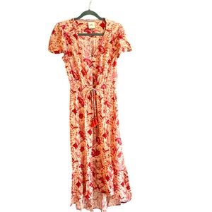 Knox Rose, high low spring dress, sz med V-neck, flutter sleeves, tassel belt